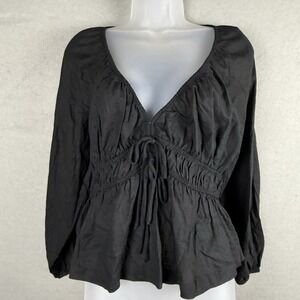 Y2K Black Long Sleeve V Neck Double Tie Bow Front‎ Linen Peplum Top Sz M